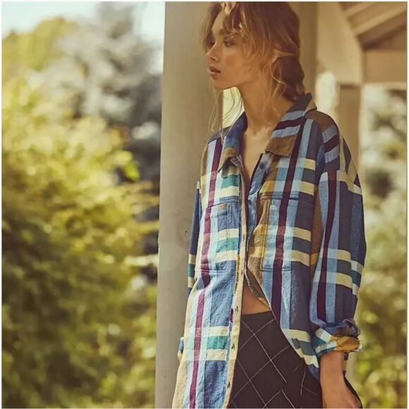 Free People We the Free So Long Summer Flannel‎ Plaid Top XS Oversized Layers - Picture 13 of 14
